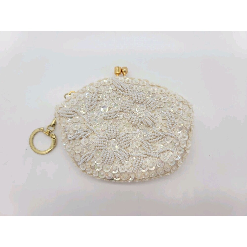 Vintage White/Ivory Sequin Coin Purse Clutch Small Change Iridescent